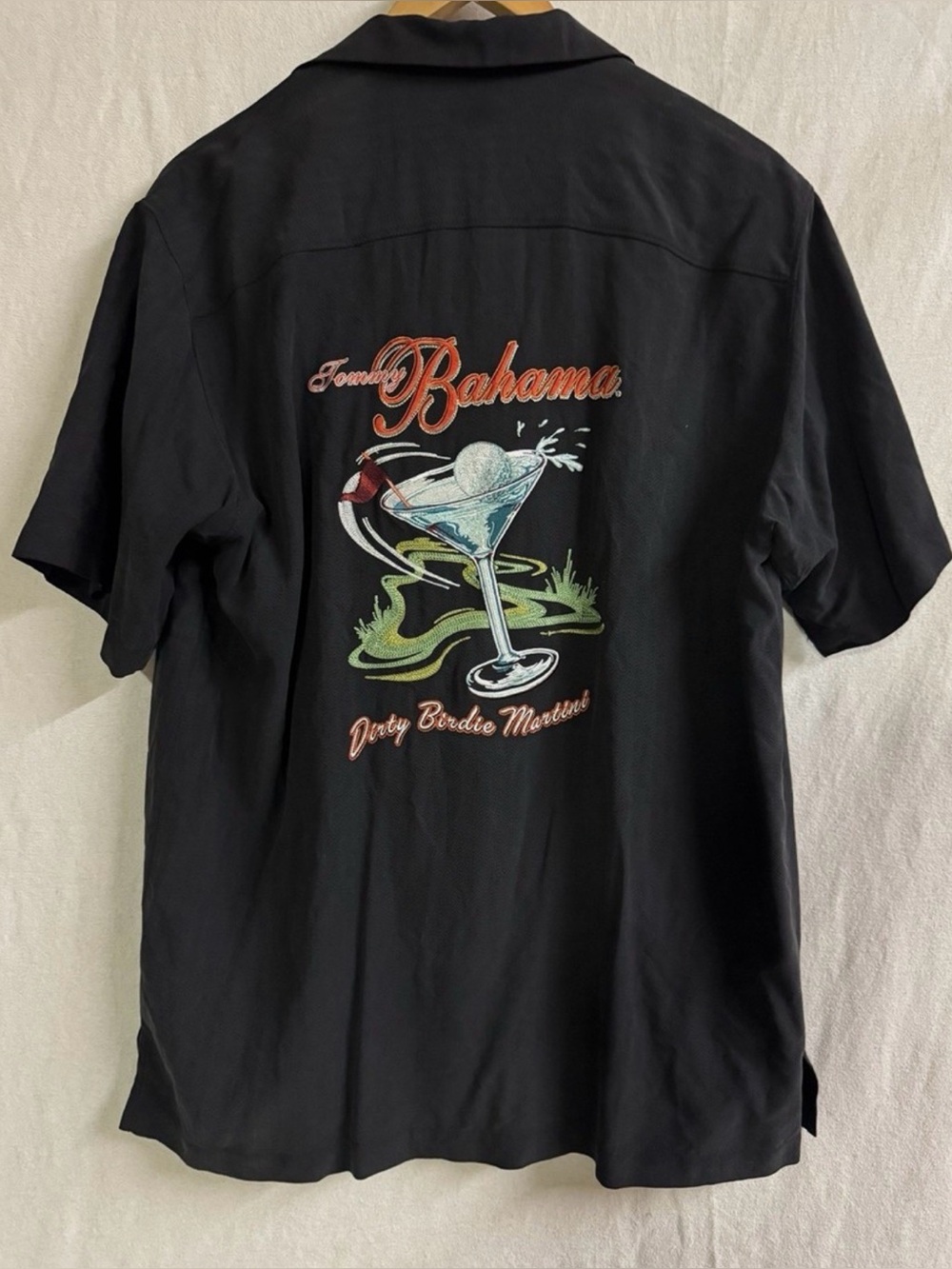 Tommy Bahama Dirty Birdie Martini Golf Embroidered Black Camp Shirt Mens M Silk